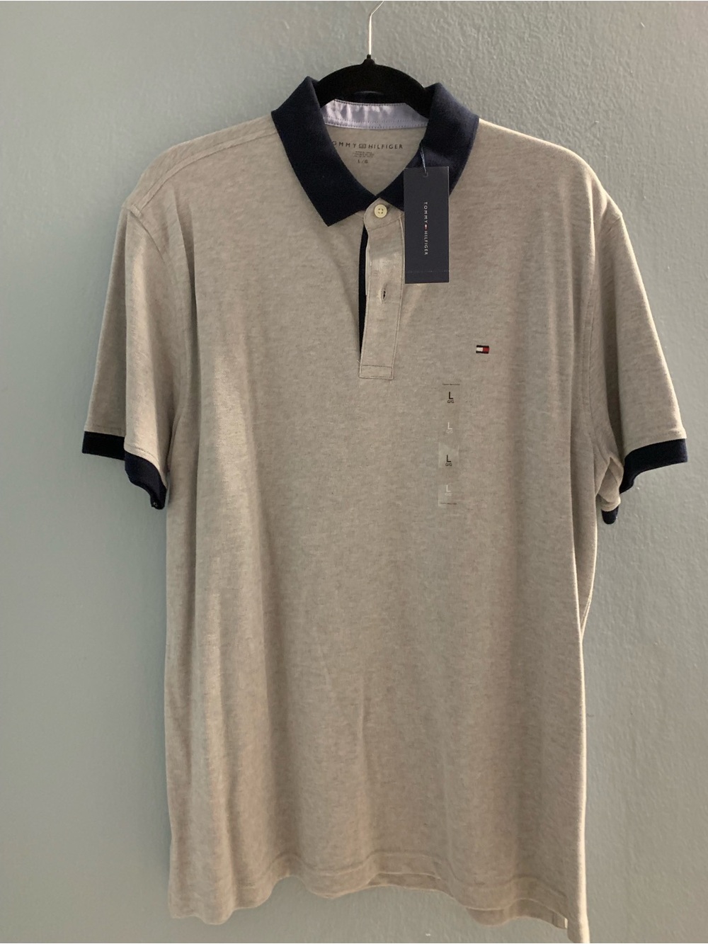 Tommy Hilfiger Light Gray Polo with Navy Collar and Cuff